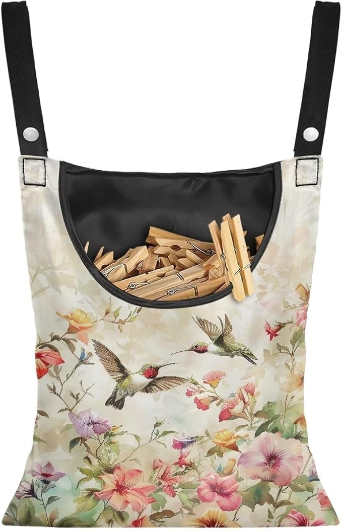 Art Hummingbird Clothespin Bag Clothespin Storage with Hanger Hook Canvas Clothespin Bag with Large Opening Space-Saving Clothespin Holder Clothespin Bag for Outdoor Use