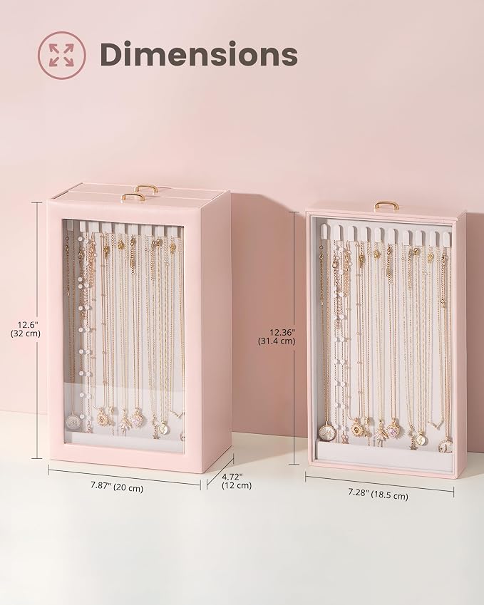 Lolalet Upgraded Double-Sided Hanging Necklace Organizer Box, Jewelry Display Case with Double-Sided Clear Window for Necklaces Bracelets, Tangle-Free Necklace Storage Box, Pink, 2-Layer 40 Hooks