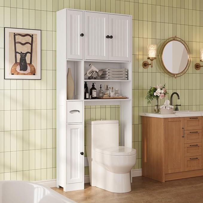 Ahomly Over The Toilet Storage Cabinet, with Five Doors, White | Over Toilet Bathroom Organizer with Adjustable Shelves, Above Toilet Storage Cabinet for Bathroom, Restroom, Laundry