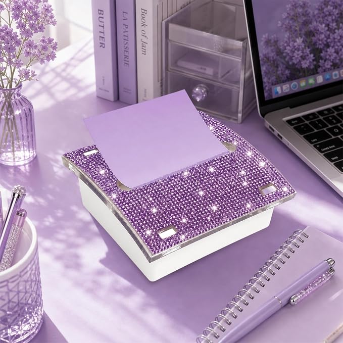 Pop up Post it Notes Dispenser,Rhinestone Self Sticky Note Holder,Sticky Note Dispenser,Post it Note Holder,Cute Purple Desk Accessories for Office Supplies,Office Desk Decor(White Purple)