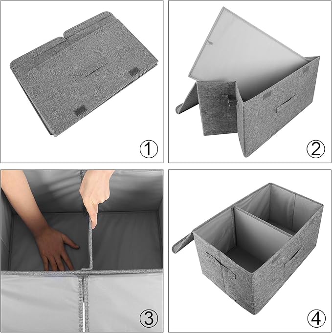 2 Pack Storage Boxes with Lids and Handles, Collapsible Linen Storage Bins Organizer Containers Baskets Cube with Removable Divider for Home Bedroom Closet Office (Red, Large)