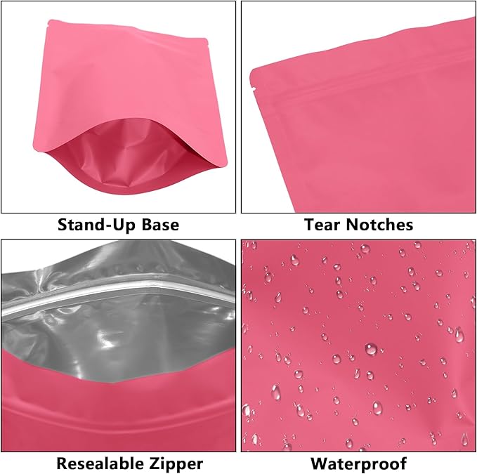 50PCS Smell Proof Resealable Pouch Bags,ULIFESTAR Aluminum Foil Flat Food Storage Bag,Sealable Pcsaging Zipper Pouches with Tear Notches for Pcsaging Lipgloss,Jewelry,etc(18*26cm/7.09*10.24",Pink)