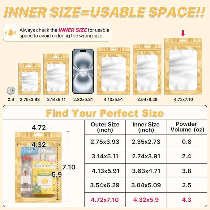 ANZNKU 100 PCS Resealable Mylar Bags with Frosted Clear Window Packaging Bags Foil Pouch Zipper Bag for Food Self Sealing Storage Supplies (4.72x7.1, Light Gold)