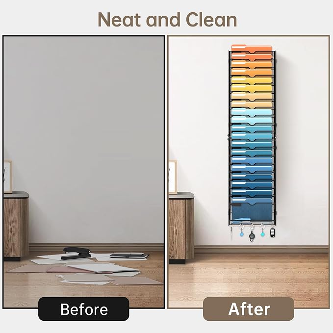 SUPEASY 21-Tier Wall File Holder Organizer with Hooks, Mesh Hanging File Organizer, Mail Organizer Wall Mounted for Papers, Folders, Office Magazine Rack, Assembly Needed, Black