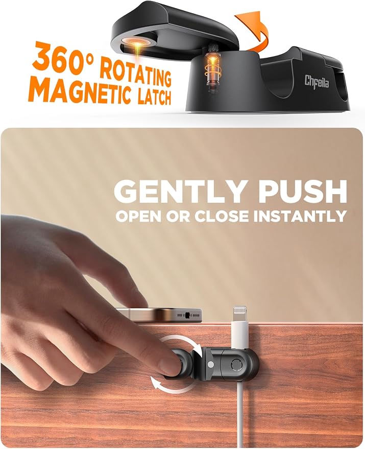 Magnetic Cable Clips - Chfeila 4Pack [Dual Slot] [360°Rotating & Twist-Lock] Cord Management, Adhesive Phone Charging Keeper, Wire Organizer Holder for Nightstand, Home Office Desk Accessories Decor