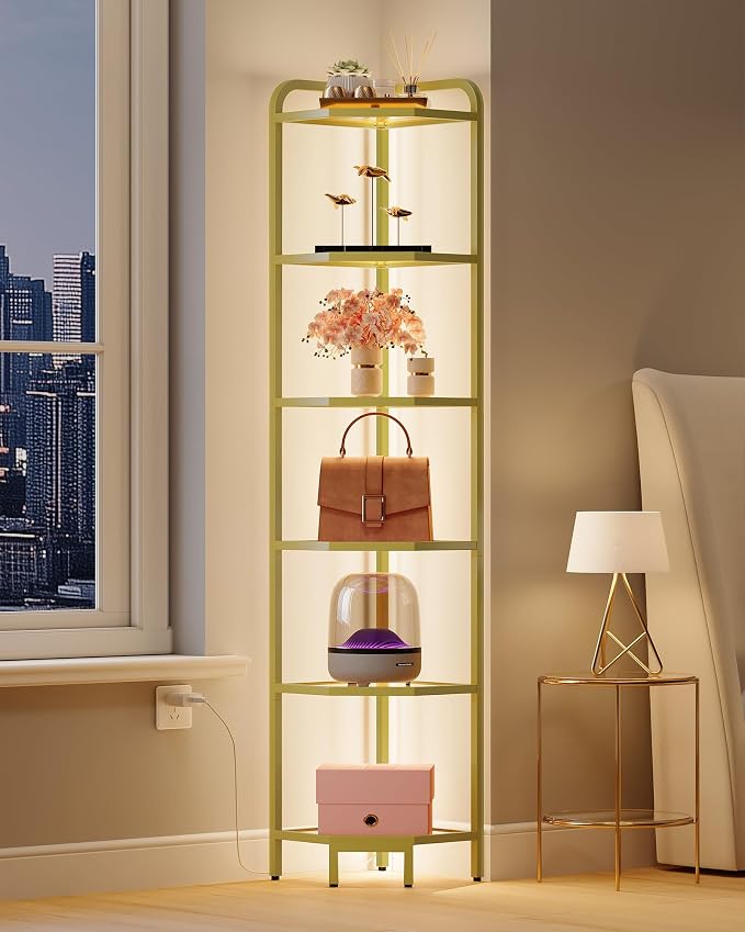 Hzuaneri Corner Shelf with LED Lighting, 6-Tier Glass Bookshelf | Steel Frame, Tempered Glass, Modern Style Corner Shelf, Suitable for Living Rooms, Bedrooms and Games Rooms