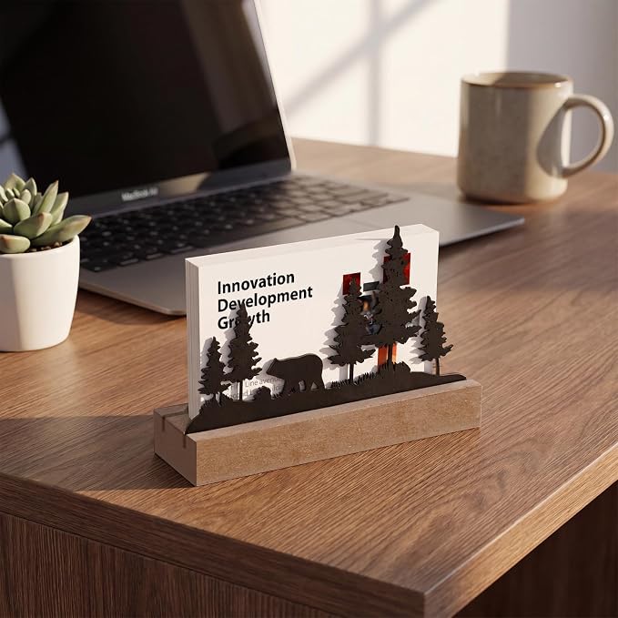 CroBlissful 2 Pcs Bear Business Card Holders for Desk, Wood&metal Black Cabin Bear Forest Silhouette Business Card Display Stand for Home Office