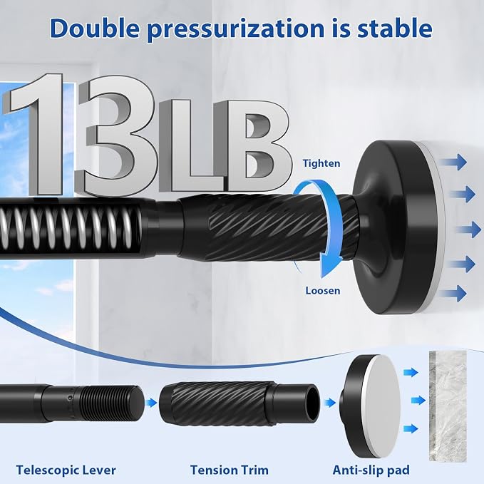 Tension Curtain Rod 32-48Inch Black Shower Rod Tension Rod Adjustable Curtain Rods no Drilling Curtain Rods for Bathroom,Windows,Closets,Doorway