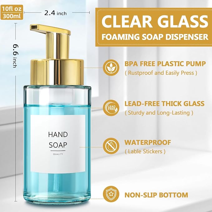 RYTOXILO Foaming Soap Dispenser, 10 oz/300ml Gold Soap Dispenser, 2 Pack Glass Foaming Hand Dispenser for Bathroom & Kitchen, Clear Refillable Foam Bottle with Waterproof Labels