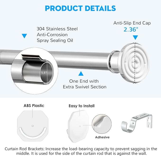 Outdoor Tension Rods No Drilling Patio Shower Curtain Rod 40-130 Inch | Extra Long Tension Curtain Rod,10FT,Heavy Duty,1.1 Inch Thick Diameter,Spring Adjustable,No Rust,Bathroom,Windows,Silver