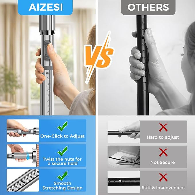 AIZESI 41-100 Inch Heavy Duty Silver Tension Curtain Rod - No Drilling, Adjustable, Rust-Proof for Outdoor, Living Room, Bathroom