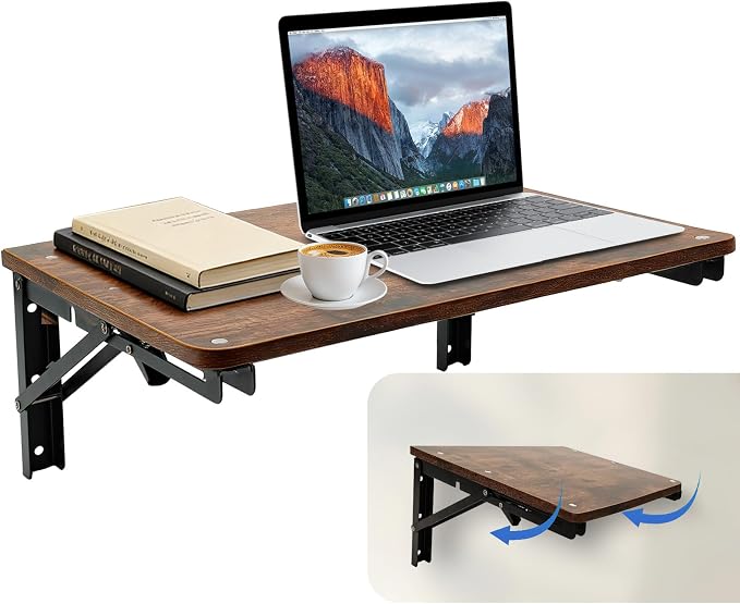 Folding Wall Desk for Small Space, 21.7Inches Wooden Floating Table | Foldable Shelf Wall Mounted for Office Living Room Bedroom, Media Projector Shelves with 2 Heavy-Duty Brackets Holds Up 80lbs