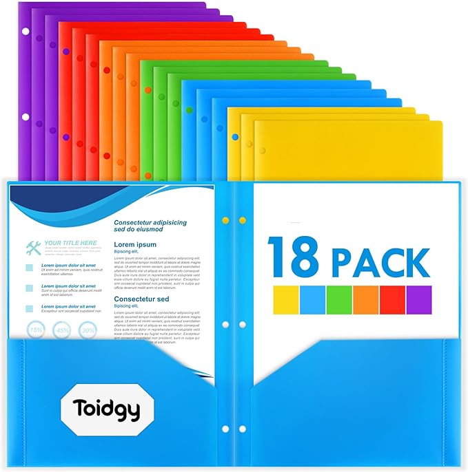 18 Pack 2 Pocket Folders with 3 Holes Punch, Plastic Folder for 3 Ring Binder, Heavy Duty Folder Bulk for Letter Size Paper, Assorted Colors Folder for School and Office Supplies