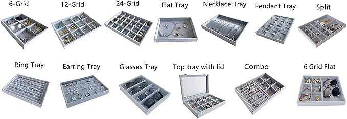 Premium Quality Grey Velvet Stackable Organizer Tray Pendant Necklace Jewelry Storage Store Home Drawer Closet Inserts Dividers with Removable Tabs