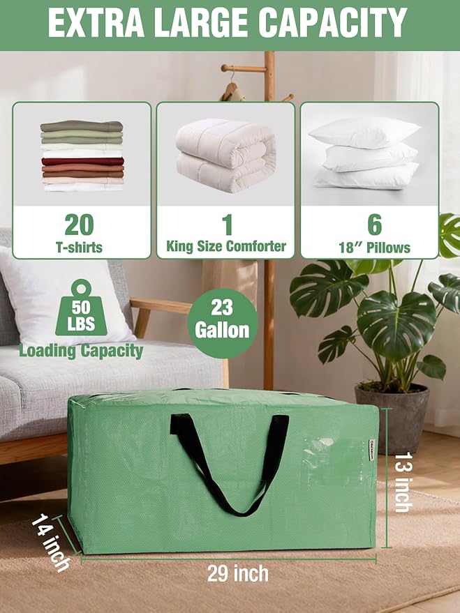 WORKPRO 4 Pack Extra Large Moving Bags with Zippers & Carrying Handles Backpack Straps, Heavy-Duty Storage Tote for Space Saving & Storage, Alternative to Moving Box (Green)
