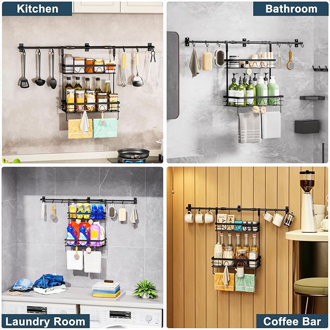 Upgraded adjustable Spice Rack Wall Mount, 6 pack kitchen hooks,heavy-duty kitchen wall shelf, suitable for use as an over-the-stove shelf, coffee shelf, or shower wall caddy.