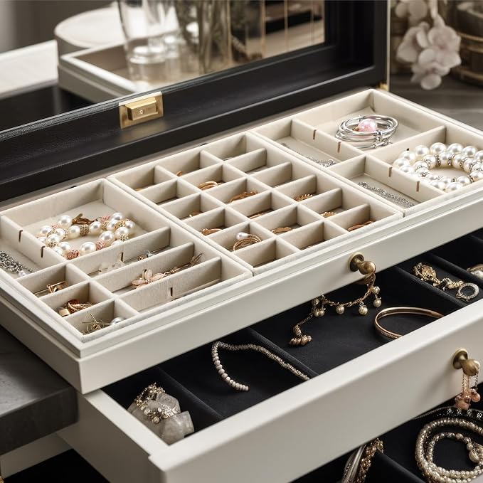 Highergo 8 Pcs Velvet Jewelry Trays Stackable Drawers Organizer Ring Earring Bracelet Necklace Storage Trays, 8.3x4.7x1''(18 Grids)