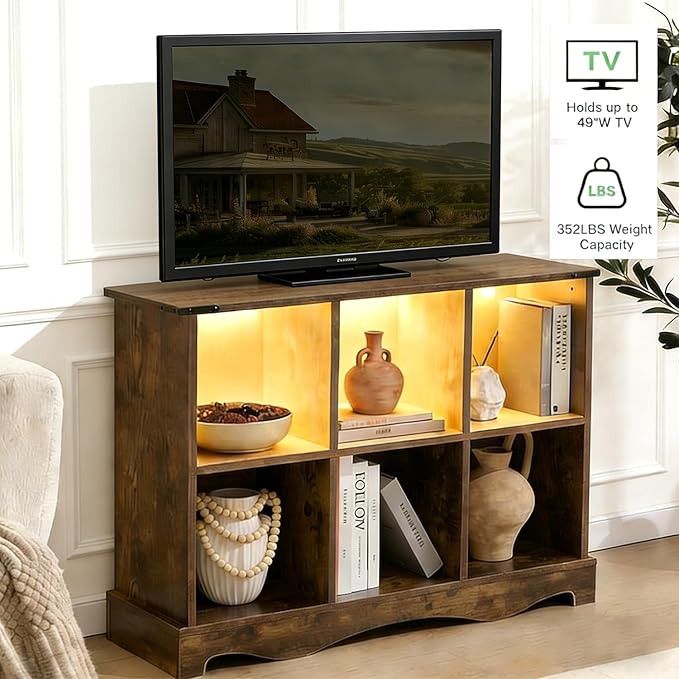 6 Cube Storage Organizer Bookcase, Long Horizontal Wood Bookshelf with Open Compartments, Multi-Purpose Cube Shelf, Hallway TV Stand for Living Room, Bedroom, Entryway, Brown