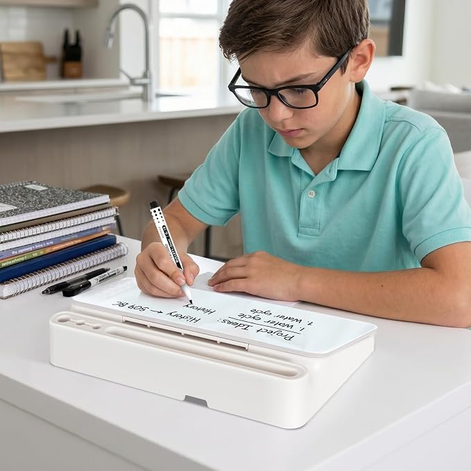 DOLLAR BOSS 12''x7'' Glass Desktop Whiteboard Small Dry Erase Board with Storage Drawer Computer Keyboard Stand Desk Organizer Office Accessories School Supplies with 4 Markers, White