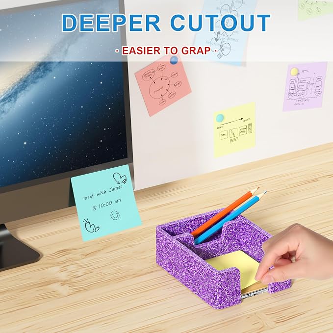 WINFFOR Acrylic Notepad Holder Dispenser - 3x3 in 2IN1 Sticky Note Memo Holder for Desk Organizer (W/O Pads) Office Desk Accessories School Supplies, Glitter Purple