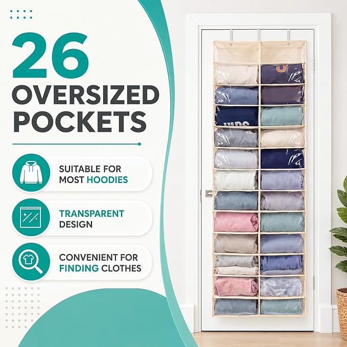 Over The Door Hoodie Organizer 26 Clear Pocket Sweatshirt Organizer with 3 Hooks Hanging Sweatshirt Hoodie Rack Holder Cabinet Behind The Doors for Dormitory Bedroom Closet Storage(Beige)