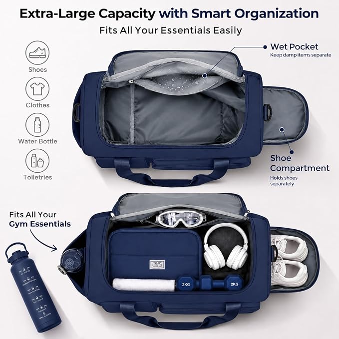 FIORETTO Women's Gym Duffle Bag with Shoes Compartment, 30L Capacity, Ideal for Travel, Gym, Sports, Duffel, Weekender