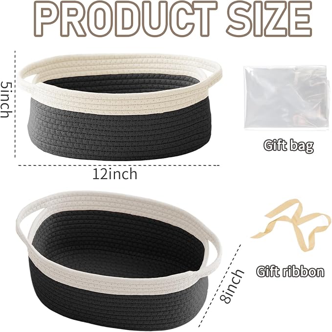 JMvicyroam Woven Basket,Small Rope Storage Bin with Handles & Ribbon Bag, Organizer for Shelves Closets,Gift Basket Empty for Birthday,Books,Dog Toys, White&Black/3 Pack