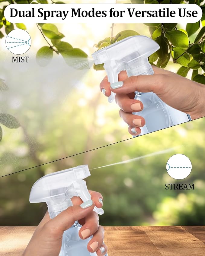 2 Pack 360° Spray Bottles, 16 oz Plastic Small Containers with Adjustable Spray Nozzles, Spray Bottles for Hair, Cleaning Solutions, BBQ and Plants Clear
