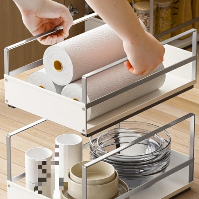 Pull out Cabinet Organizer Metal Frame Pull-out Basket Rectangular, Small White Pull-out Basket