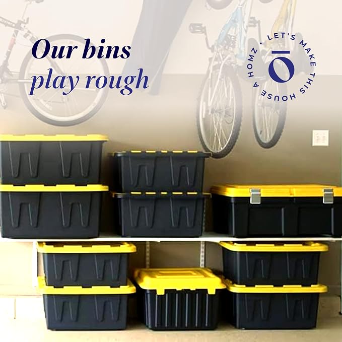 HOMZ Durabilt Heavy Duty Storage Container | 27 Gallon | Flip Lid & Stackable | Durable Tote | Black Base with Yellow Lid, 2 Pack | Heavy-Duty Large Stackable Container Boxes for Home, Attic, and Garage Organization