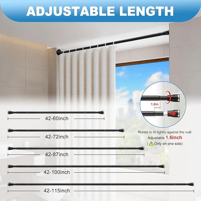Tension Curtain Rod, 42 to 72 inch Adjustable Heavy Duty black shower curtain rod for bathroom Closet Windows