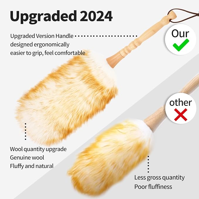 Lambswool Duster with Solid Wooden Handle,Leather Hang Strap,Comfortable Grips 19.6 inch Long Natural Feathers Dusters for Cleaning Wall Plant Desk Blind Cleaner Duster Tool