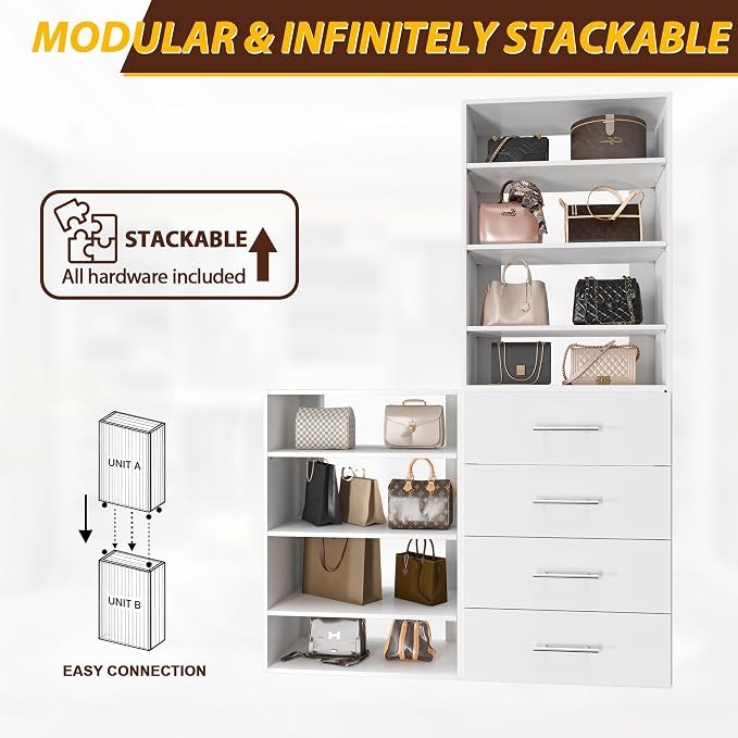 19.5" Wide 4 Drawer Tower Modular Closet System, Closet Storage Organizer with 4 Drawers, White