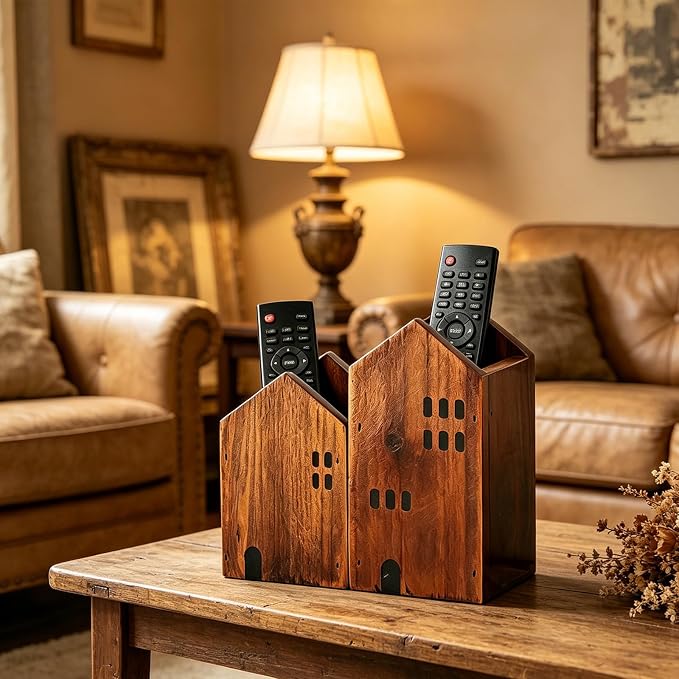 DAWASAPAT Wooden House Remote Control Holder/Remote Caddy & Desktop Organizer for TV Remotes, Stationery, Pencils, and Glasses set of 2