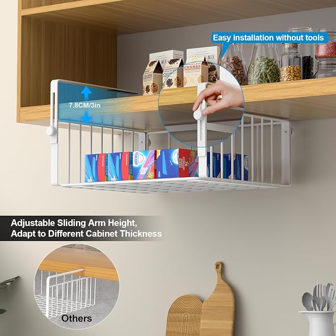 AmonHouseware 2Pack Under Shelf Storage Basket Organizer, White | Adjustable Hanging,Under Cabinet Add-on, Slide-in Baskets, for Laundry Room Kitchen Pantry Desk Bookshelf Counter Cupboard