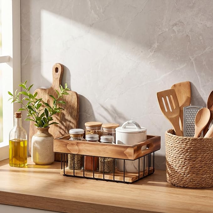 4 Pack Metal Wire Storage Basket, Multiple Sizes Basket with Handles Wooden Top and Bottom Containers Organizer Rustic Farmhouse Decor for Kitchen Cabinets, Bathroom, Pantry, Laundry Room