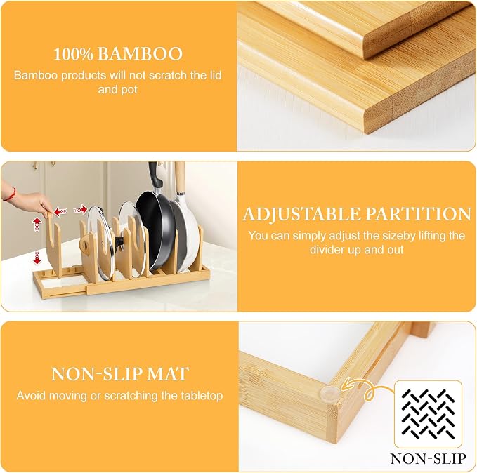 MinBoo Bamboo Expandable Pot Lid Organizer, Pot and Pan Organizer Drawer Organizer for Pot Lids, Adjustable 10 U-Shaped Dividers for Kitchen Cabinet Organizers and Storage (Bamboo-1)