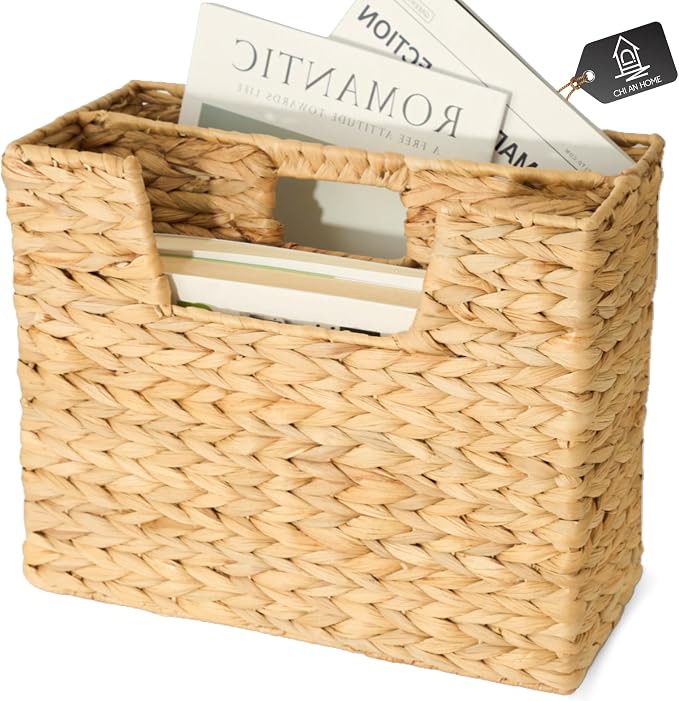 CHI AN HOME Wicker Magazine Basket, Handwoven Water Hyacinth Storage Bin & Organizer for Files, Books, Newspapers, Documents, Decorative Storage Bin with Handle for Office, Living Room, Dorm, Bathroom