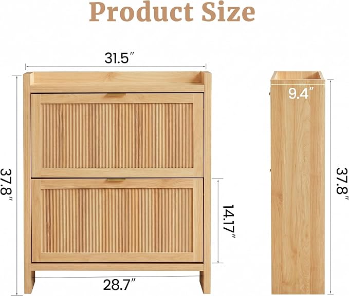 Fluted Shoe Storage Cabinet for Entryway, Farmhouse Narrow Shoe Organizer for Entryway with 2 Flip Drawers, Shoe Dresser for Hallway, Living Room (Natural)