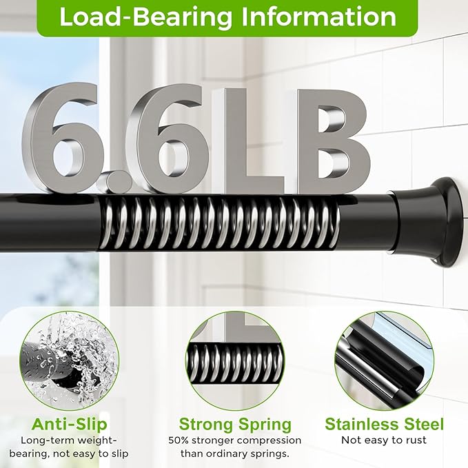Black Shower Curtain Rod 32 to 76 Inches Adjustable, 7/8 Inch Diameter Heavy Duty Tension Curtain Rods No Drill, Rust-Resistant Tension Rod for Bathroom, 2 Pack