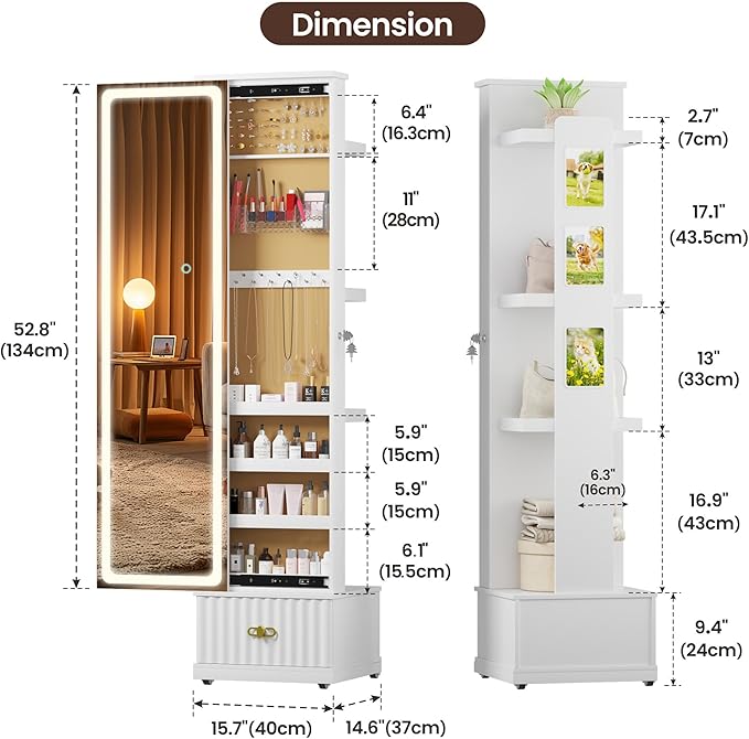 Lvifur Jewelry Cabinet with LED Mirror - Side Sliding Door Jewelry Armoires for Bedroom,Standing Jewelry Organizer with Full Length Mirror&3 Photo Frames&Drawer&Movable Wheels for Cloakroom,White