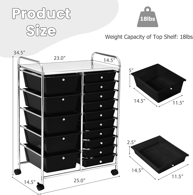 COSTWAY 15 Drawer Rolling Storage Cart, Mobile Storage Organizer | Removable Drawers & Metal Frame, Multipurpose Utility Tools Paper Organizer on Wheels for Home, Office (Black)