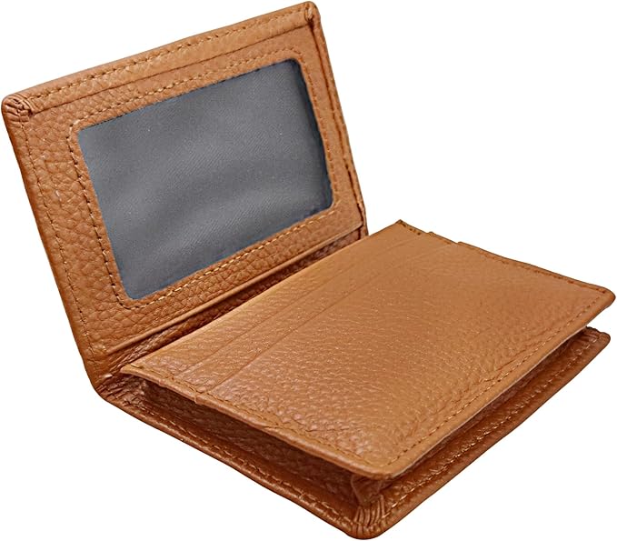 Genuine Leather Business Card Holder Name Card Case Credit Card Wallet with ID Window RFID Blocking (Brown)