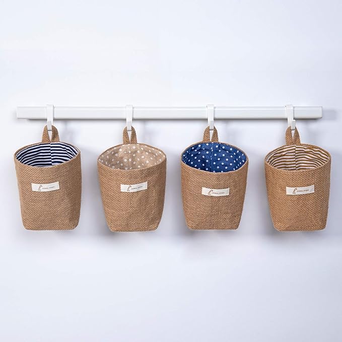 4 Pack Wall Hanging Storage Bags Hanging Storage Bags Cotton Linen Storage Basket Foldable Wall Hanging Basket Family Organizer Box Decorative Bag (Color as Shown)3.93 * 3.93 * 5.31