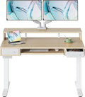 HUANUO 48″ x 26″ Electric Standing Desk with 2 Drawers &24.4″ Large Keyboard Tray, C-Clamp Mount Compatible, Adjustable Computer Desk for Office, Sit Stand Up Desk with 4 Height Presets, Light Walnut
