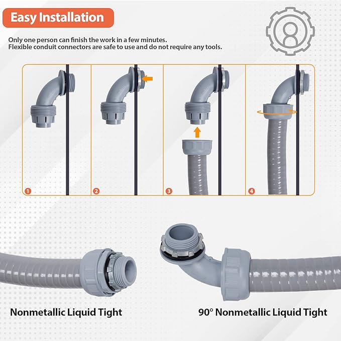 Liquid-Tight Conduit Kit 1/2inch 25ft w/UL Certification | Flexible Non Metallic Liquid Tight Electrical Conduit, Electrical Conduit Kit with 5 Straight, 5 Angle Fittings