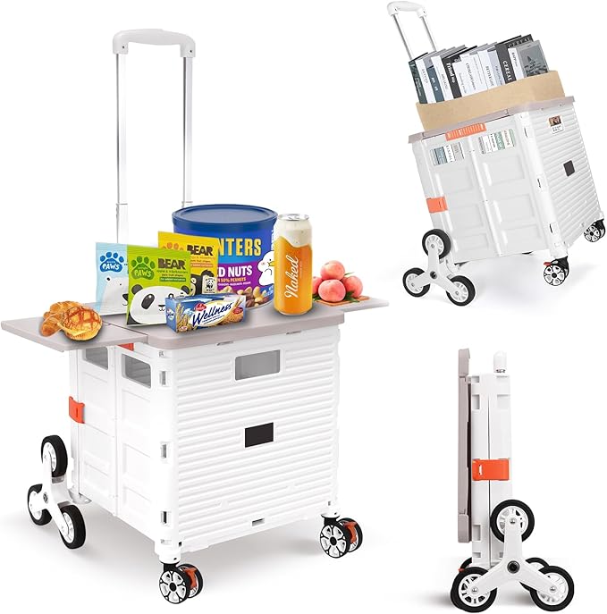 Foldable Utility Cart Collapsible Portable Crate Rolling Carts with Stair Climbing Wheels Tote Basket with Magnetic Lid Telescopic Cover Wear-Resistant 360°Rotate Wheel Noiseless for Shopping Office