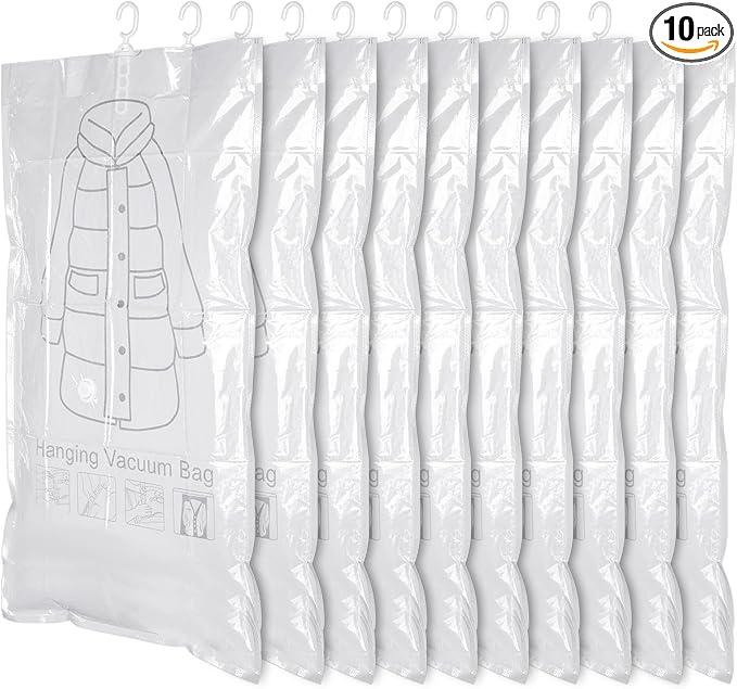 10 Pack Hanging Vacuum Sealer Storage Bags | 43.3 x 27.6 inch Space Saver Bag, Reusable Large Transparent Vacuum Seal Bags, for Clothes, Suits, Coats or Jackets, Clear