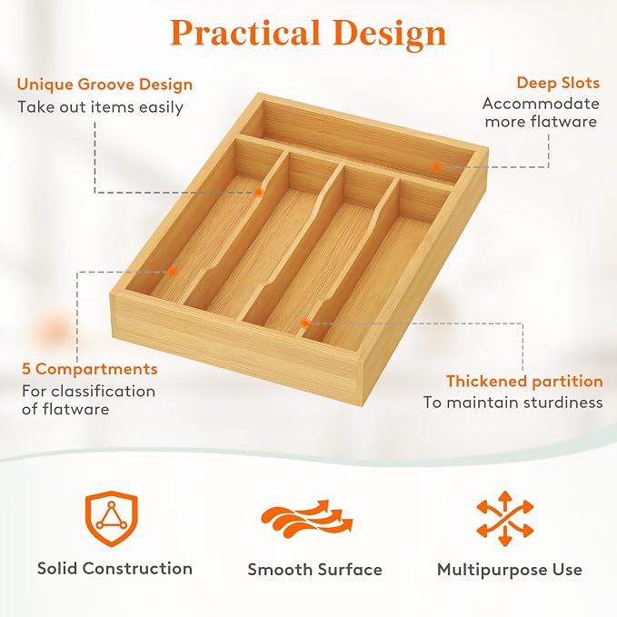 Lifewit Silverware Drawer Organizer, Utensil Tray for Kitchen, Flatware and Cutlery Holder, Storage for Spoons Forks Knives, 8.6 x 12.5", Natural