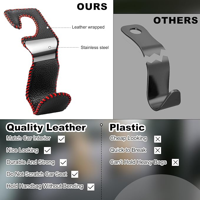 EldHus Car Seat Hooks for Purses and Bags, 4 Pack Car Purse Holder for Grocery Bag Handbag Clothes, Metal Headrest Hooks Covered by Leather, Black Red